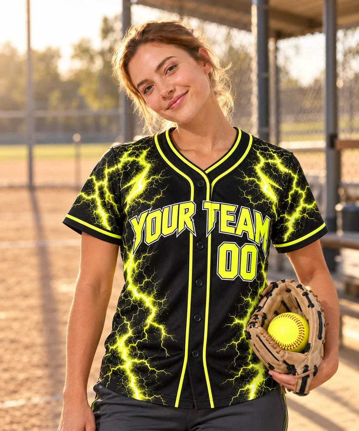 Neon Bolt slowpitch softball jersey on a softball field