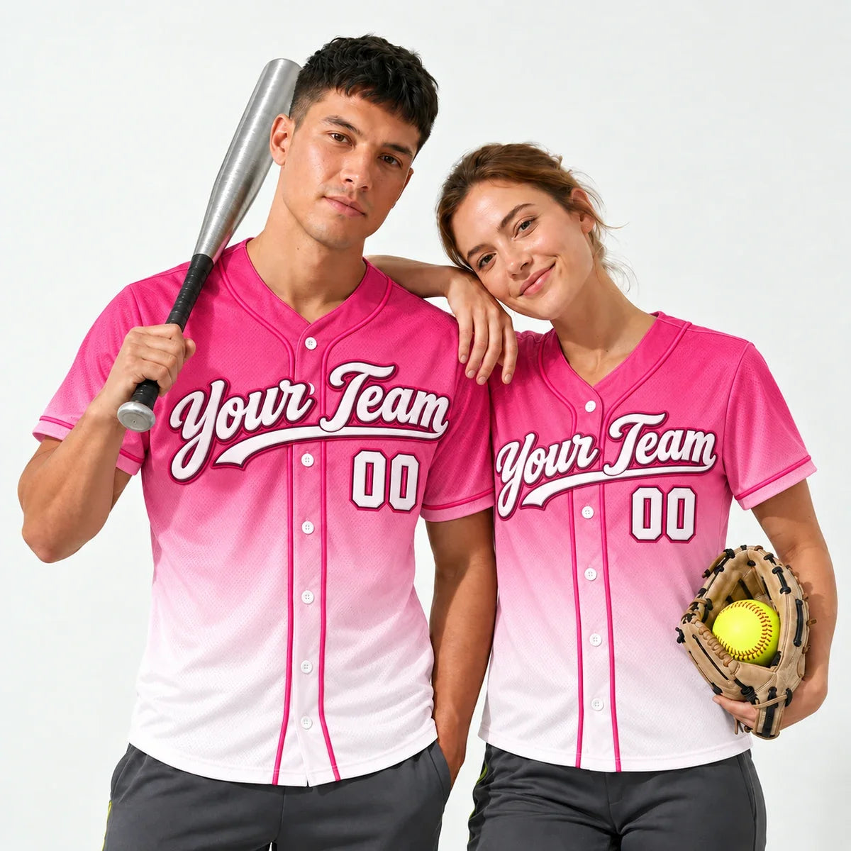 Pink Fade pink baseball jersey worn by a baseball player and a softball player