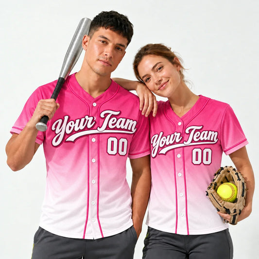 Pink Fade pink baseball jersey worn by a baseball player and a softball player