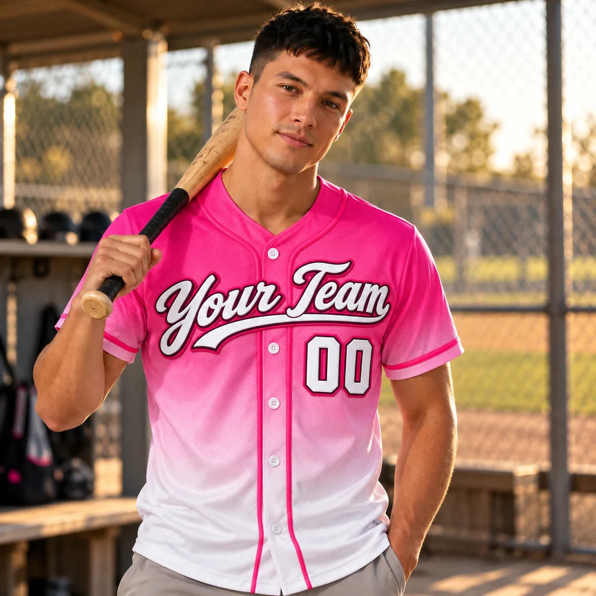 Pink Fade pink baseball jersey on a baseball field