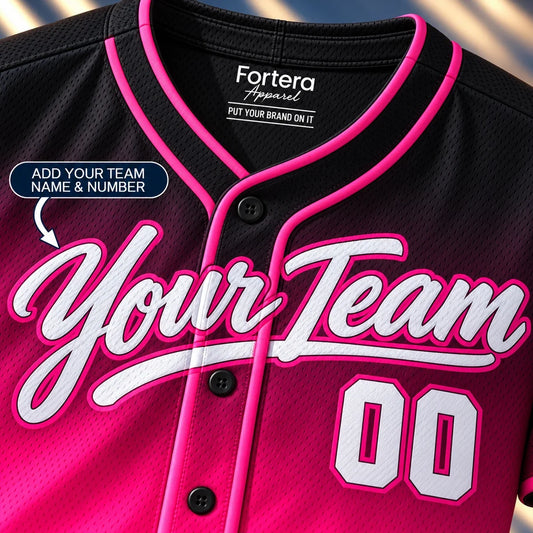 Close-up of the Pink Midnight Fade softball jersey for women lettering and piping