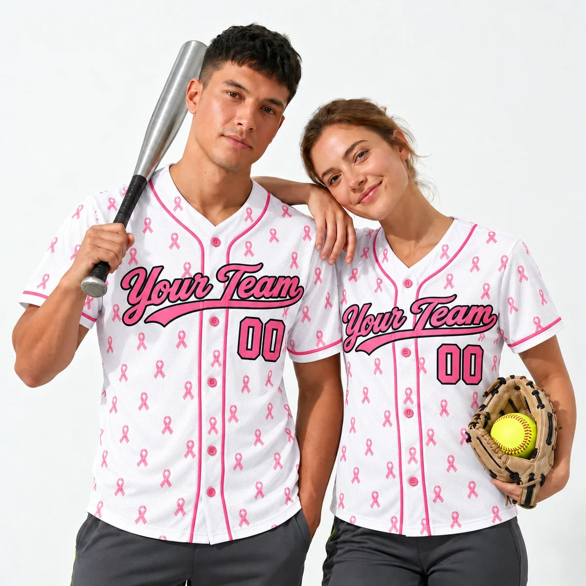 Pink Ribbon breast cancer softball jersey worn by a baseball player and a softball player
