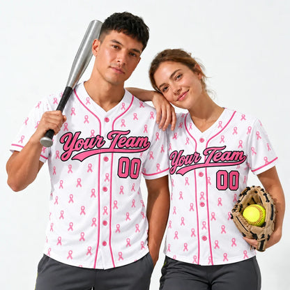 Pink Ribbon breast cancer softball jersey worn by a baseball player and a softball player