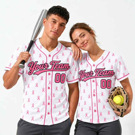 Pink Ribbon breast cancer softball jersey worn by a baseball player and a softball player