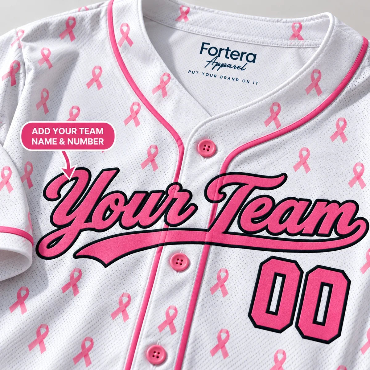Close-up of the Pink Ribbon breast cancer softball jersey lettering and piping