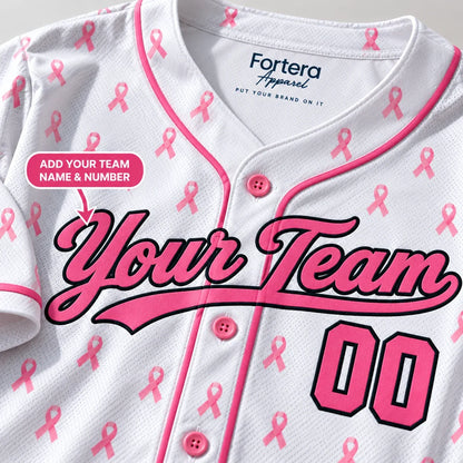 Close-up of the Pink Ribbon breast cancer softball jersey lettering and piping