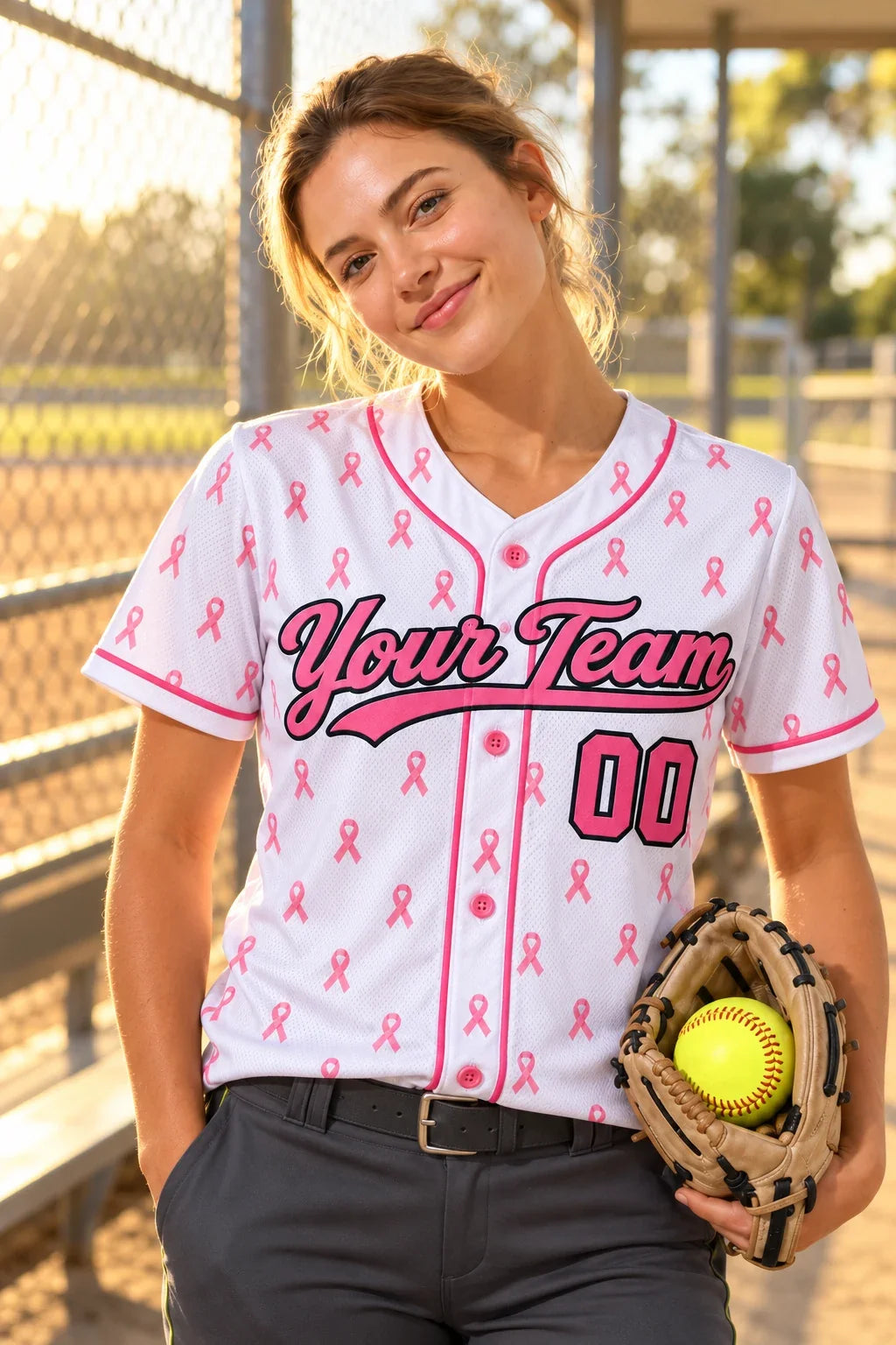 Pink Ribbon breast cancer softball jersey on a softball field