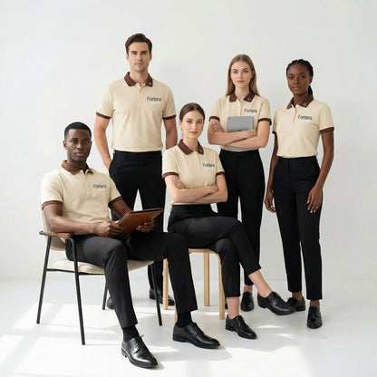 Beige polo shirt with company logo and dark brown contrast tipping on collar and cuffs
