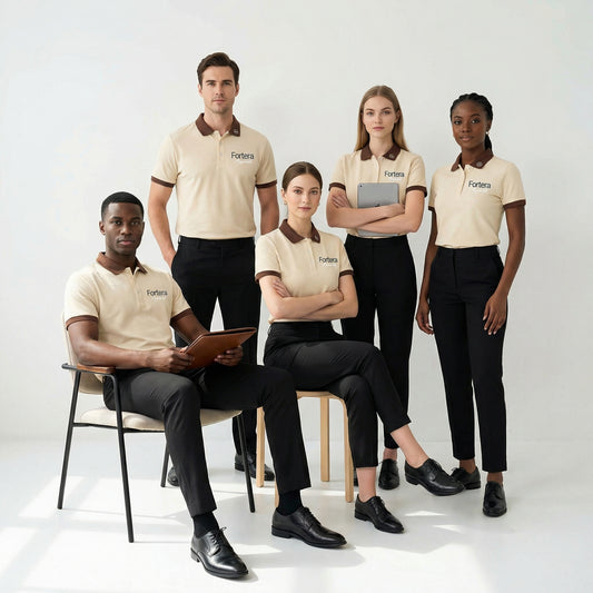 Beige polo shirt with company logo and dark brown contrast tipping on collar and cuffs