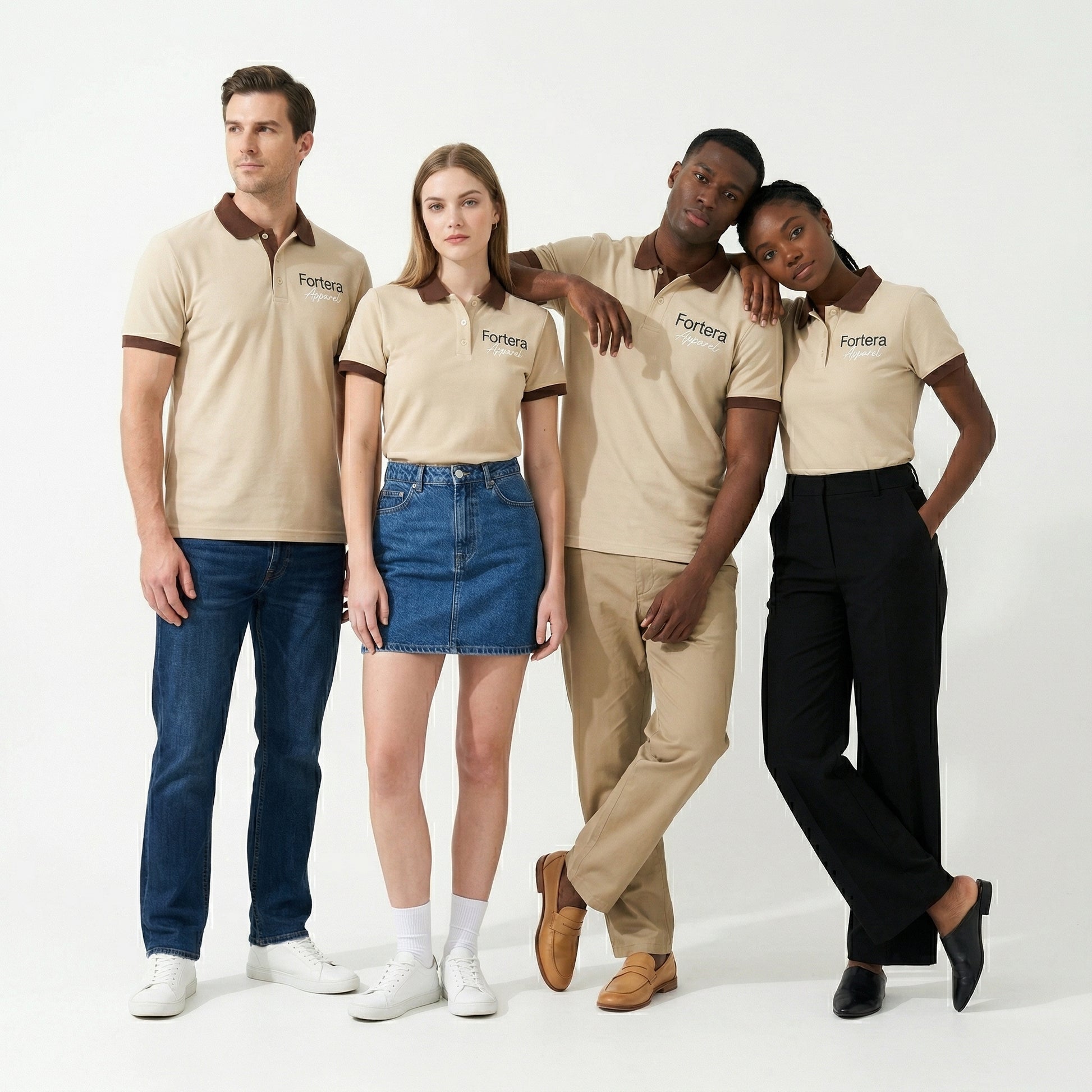 Beige polo shirt with company logo and dark brown contrast tipping on collar and cuffs - back view