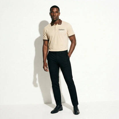 Beige polo shirt with company logo and dark brown contrast tipping on collar and cuffs - female fit