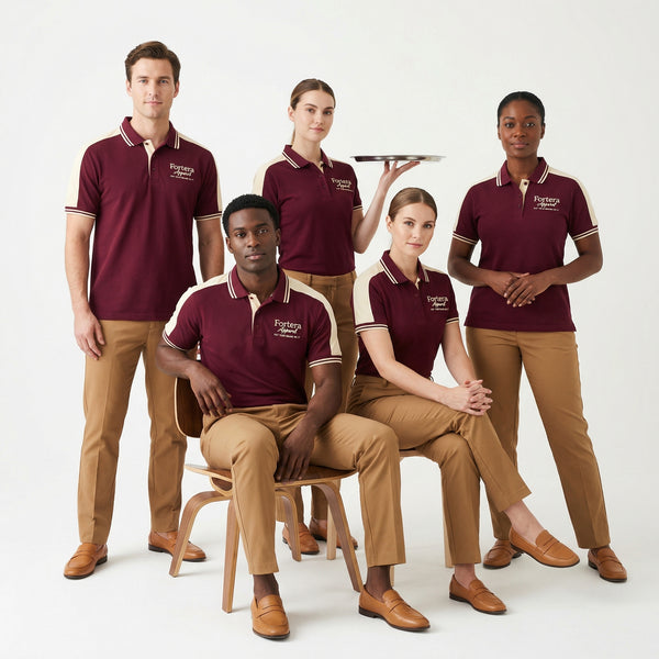 Burgundy polo shirt with company logo and cream shoulder panel accent