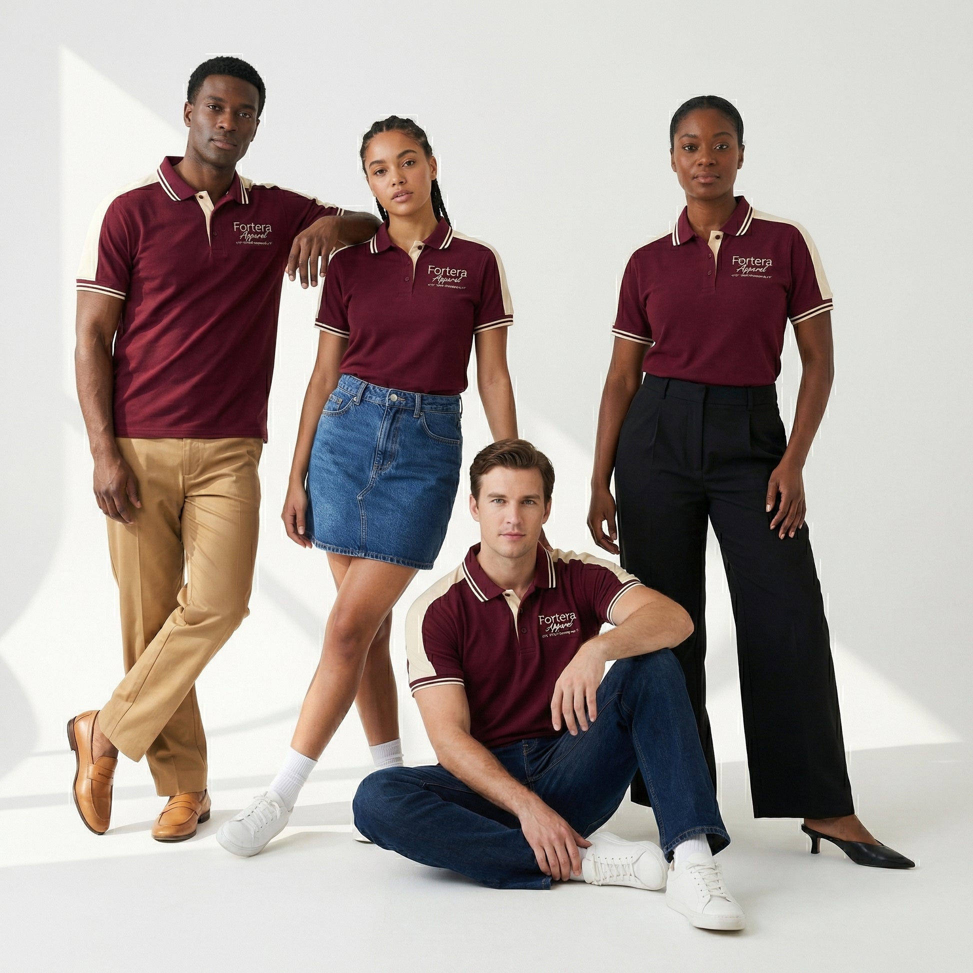 Burgundy polo shirt with company logo and cream shoulder panel accent - back view