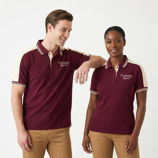 Burgundy polo shirt with company logo and cream shoulder panel accent - side view