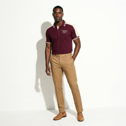 Burgundy polo shirt with company logo and cream shoulder panel accent - detail close-up