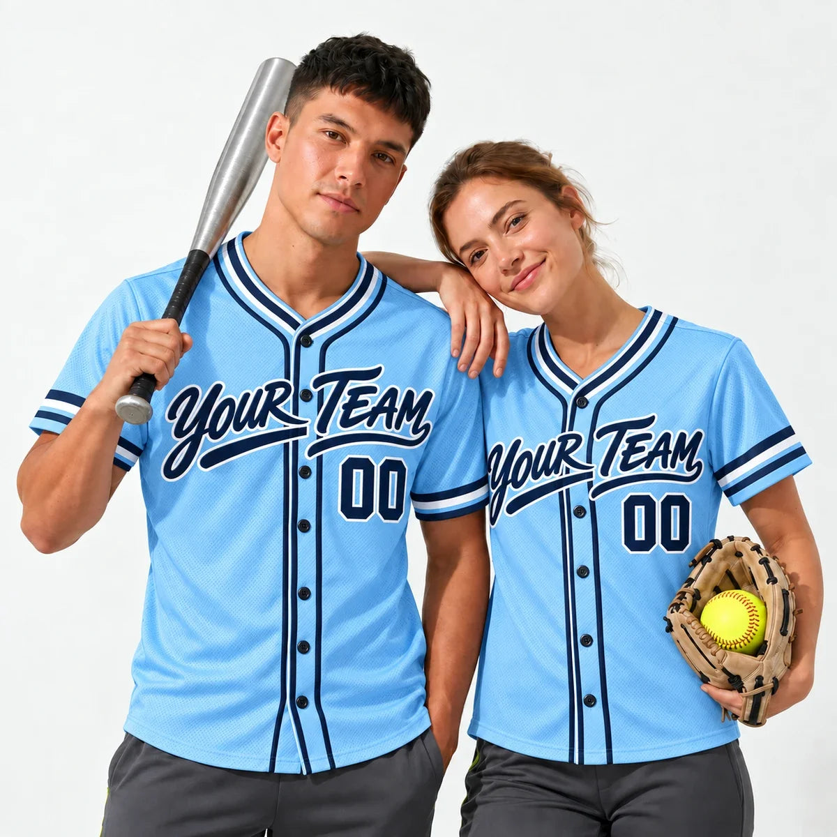 Powder Blue Retro powder blue baseball jersey worn by a baseball player and a softball player