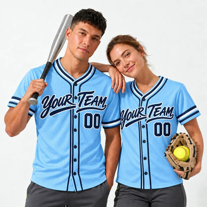 Powder Blue Retro powder blue baseball jersey worn by a baseball player and a softball player