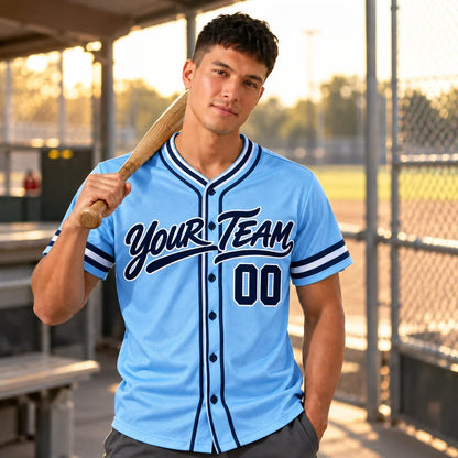 Powder Blue Retro powder blue baseball jersey on a baseball field