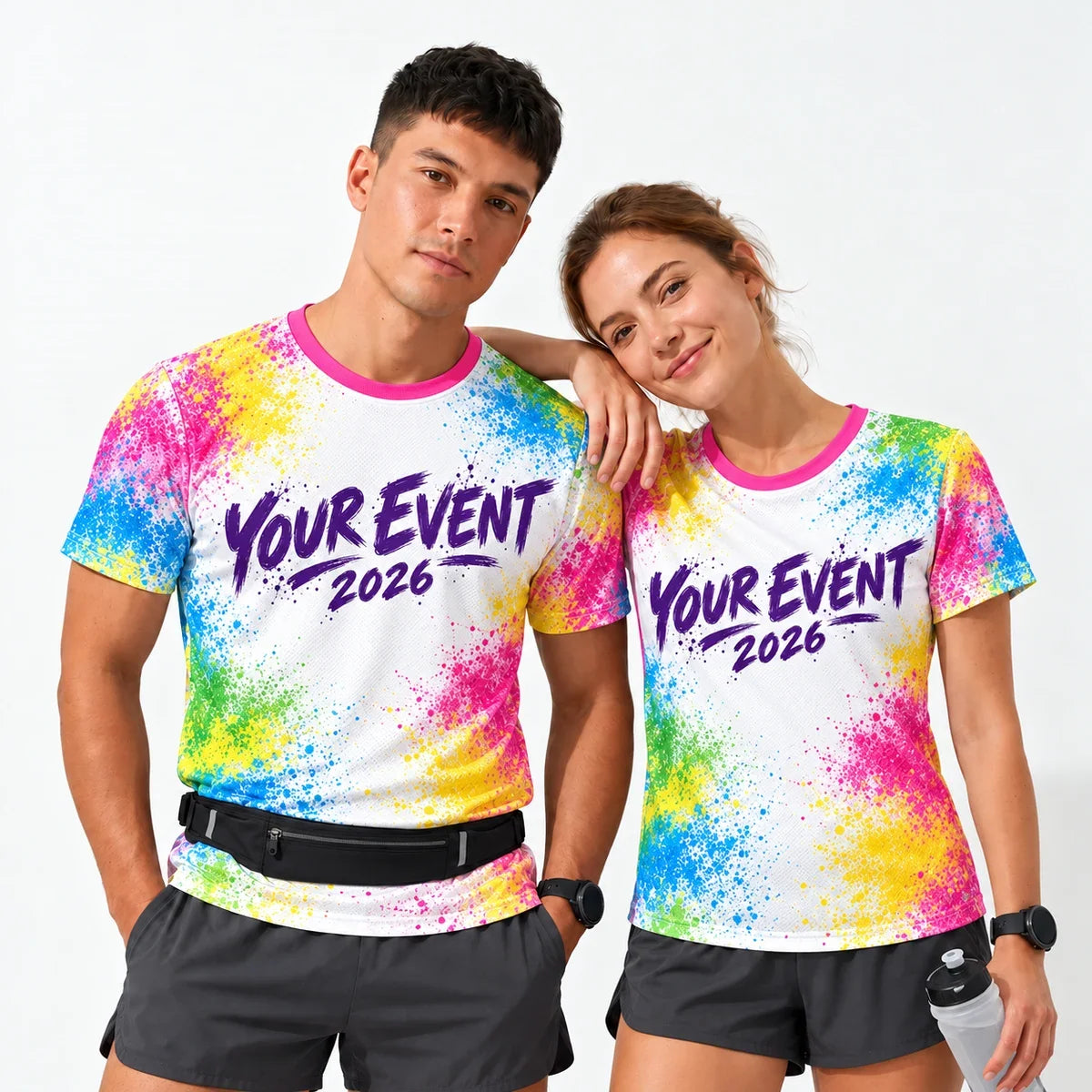 Powder Burst Color Run Shirt worn by a man and a woman