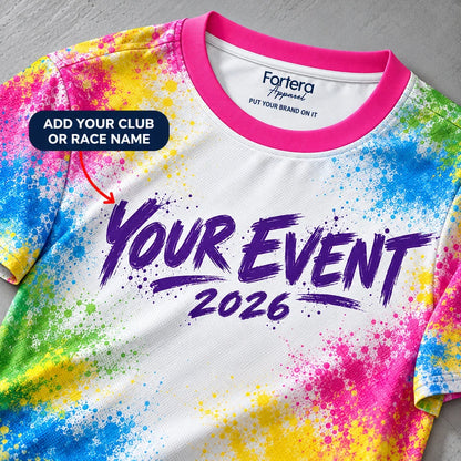 Close-up of the Powder Burst Color Run Shirt design and neck label