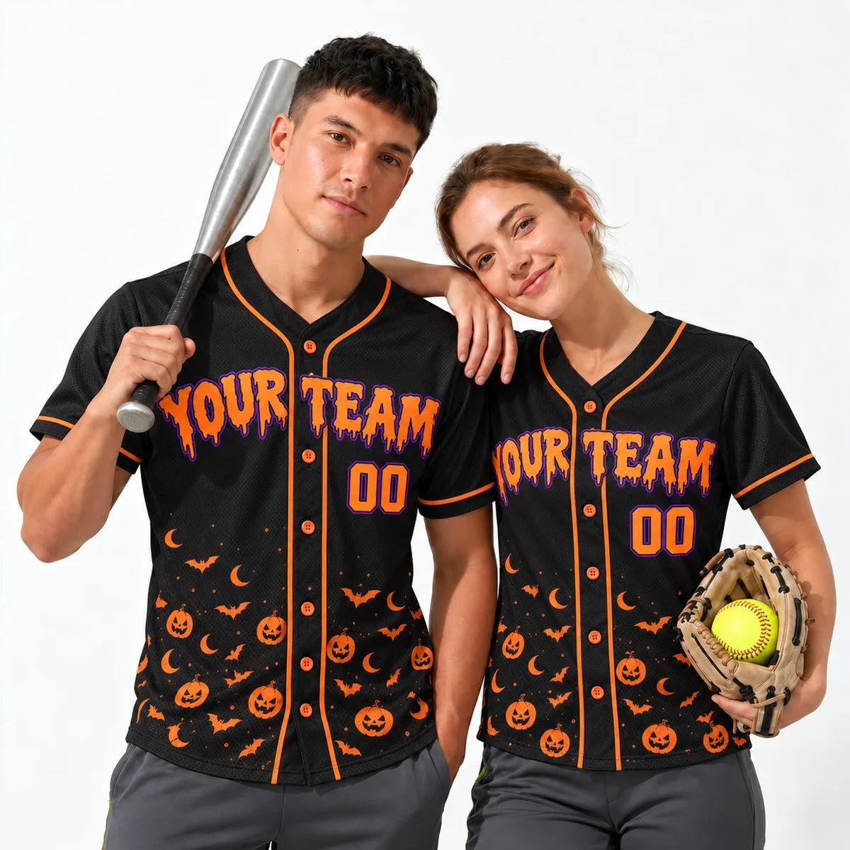 Pumpkin Night halloween softball jersey worn by a baseball player and a softball player
