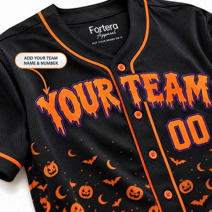 Close-up of the Pumpkin Night halloween softball jersey lettering and piping