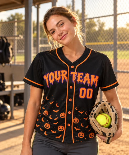 Pumpkin Night halloween softball jersey on a softball field