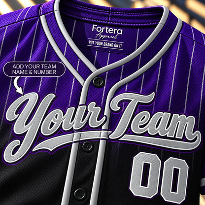 Close-up of the Purple Night Fade purple softball jersey lettering and piping
