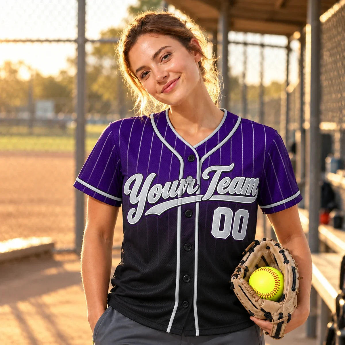 Purple Night Fade purple softball jersey on a softball field