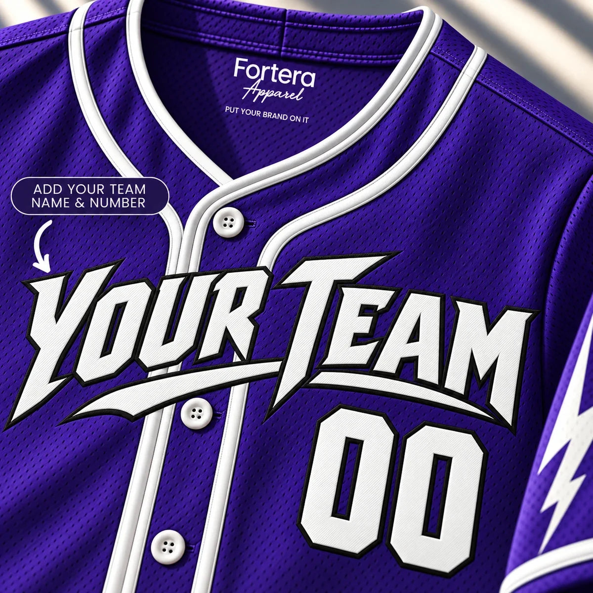 Close-up of the Purple Strike purple baseball jersey lettering and piping