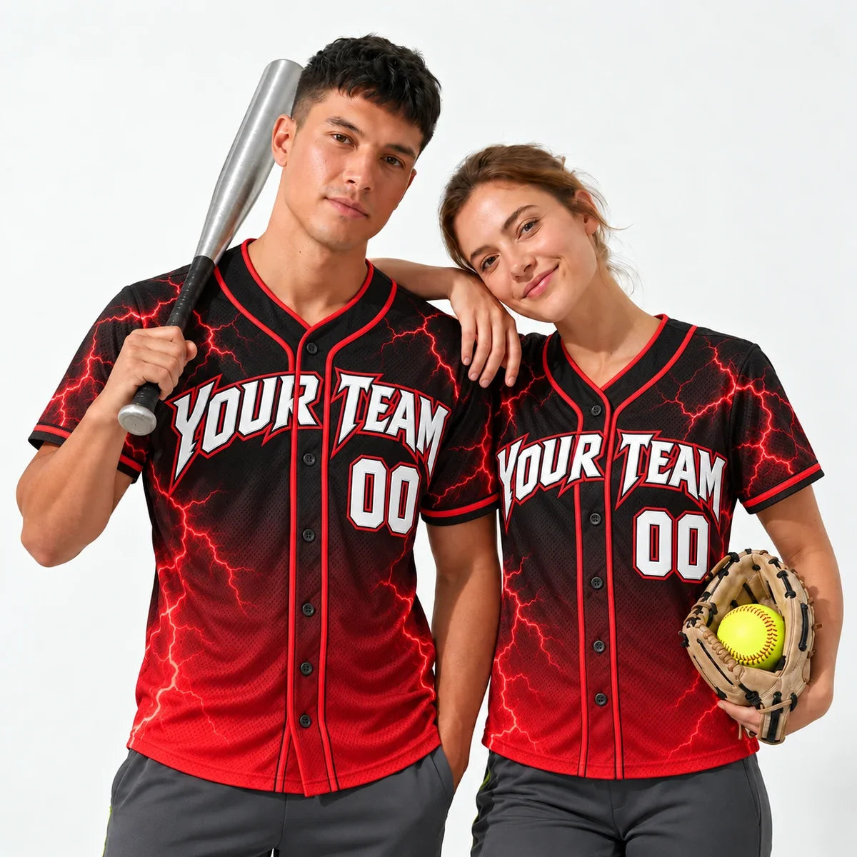 Red Lightning black and red baseball jersey worn by a baseball player and a softball player