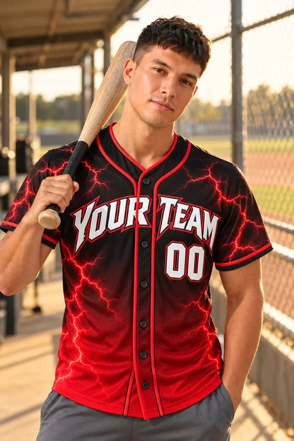 Red Lightning black and red baseball jersey on a baseball field