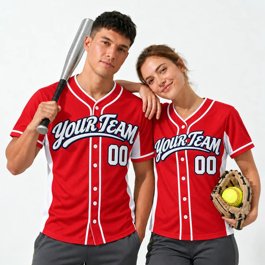 Red Side Panel red baseball jersey worn by a baseball player and a softball player
