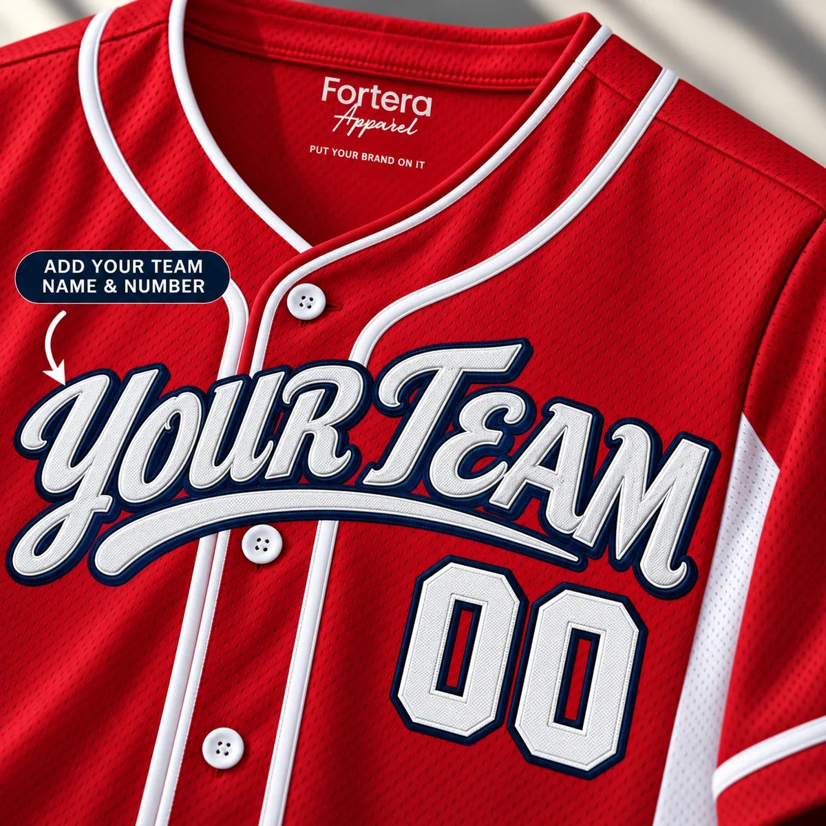 Close-up of the Red Side Panel red baseball jersey lettering and piping