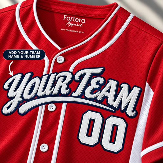 Close-up of the Red Side Panel red baseball jersey lettering and piping