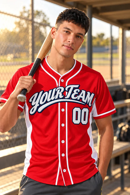 Red Side Panel red baseball jersey on a baseball field
