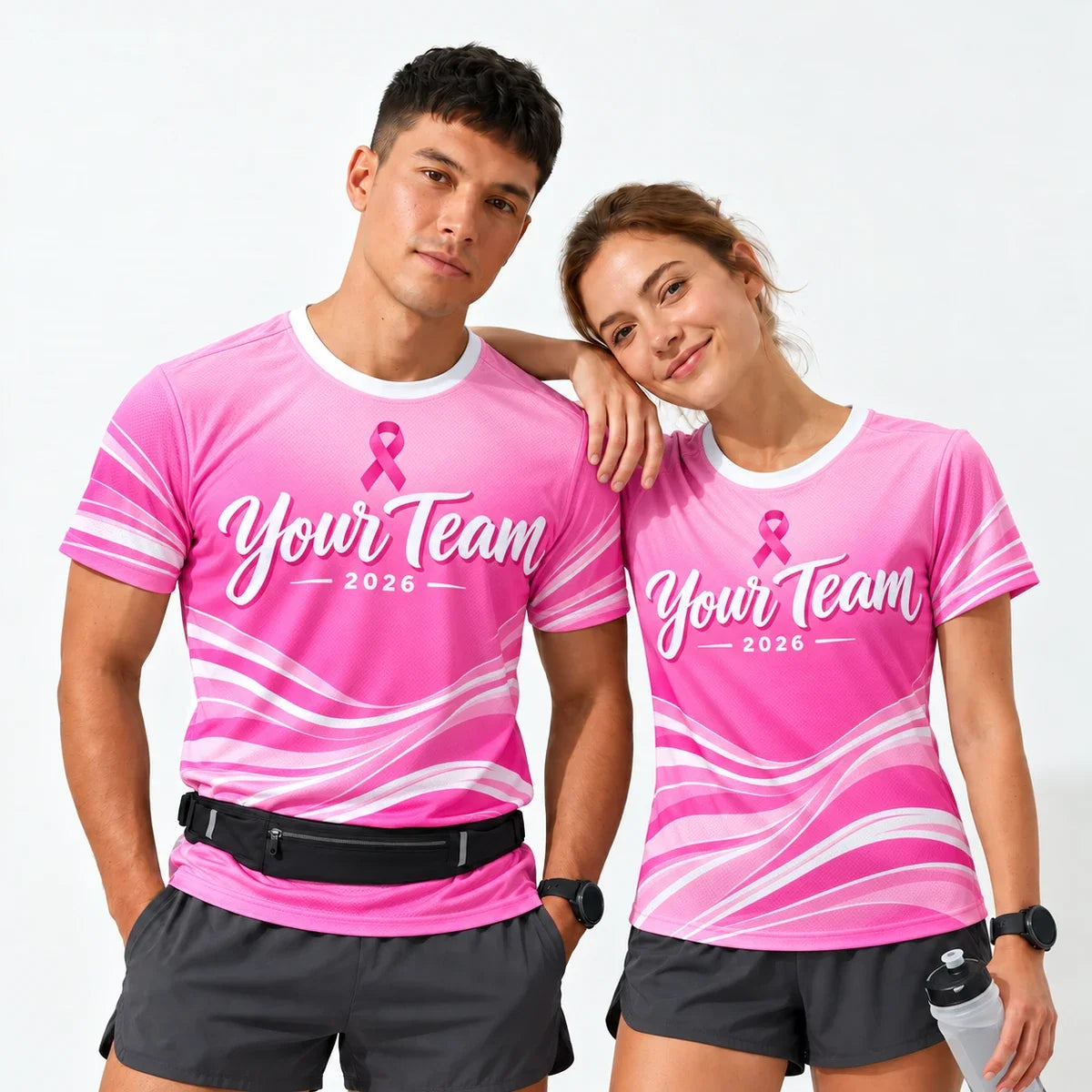 Ribbon Pace Pink Running Shirt worn by a man and a woman