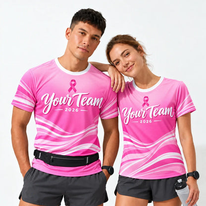 Ribbon Pace Pink Running Shirt worn by a man and a woman