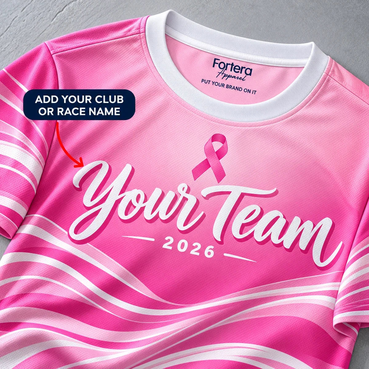 Close-up of the Ribbon Pace Pink Running Shirt design and neck label