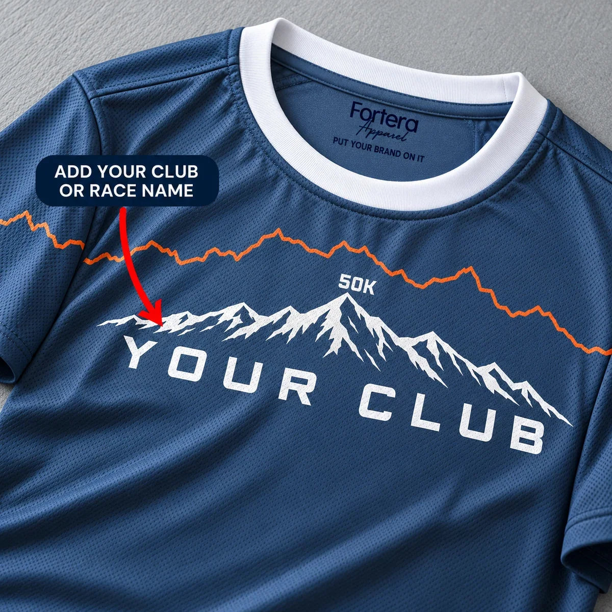 Close-up of the Ridgeline Ultra Marathon Shirt design and neck label
