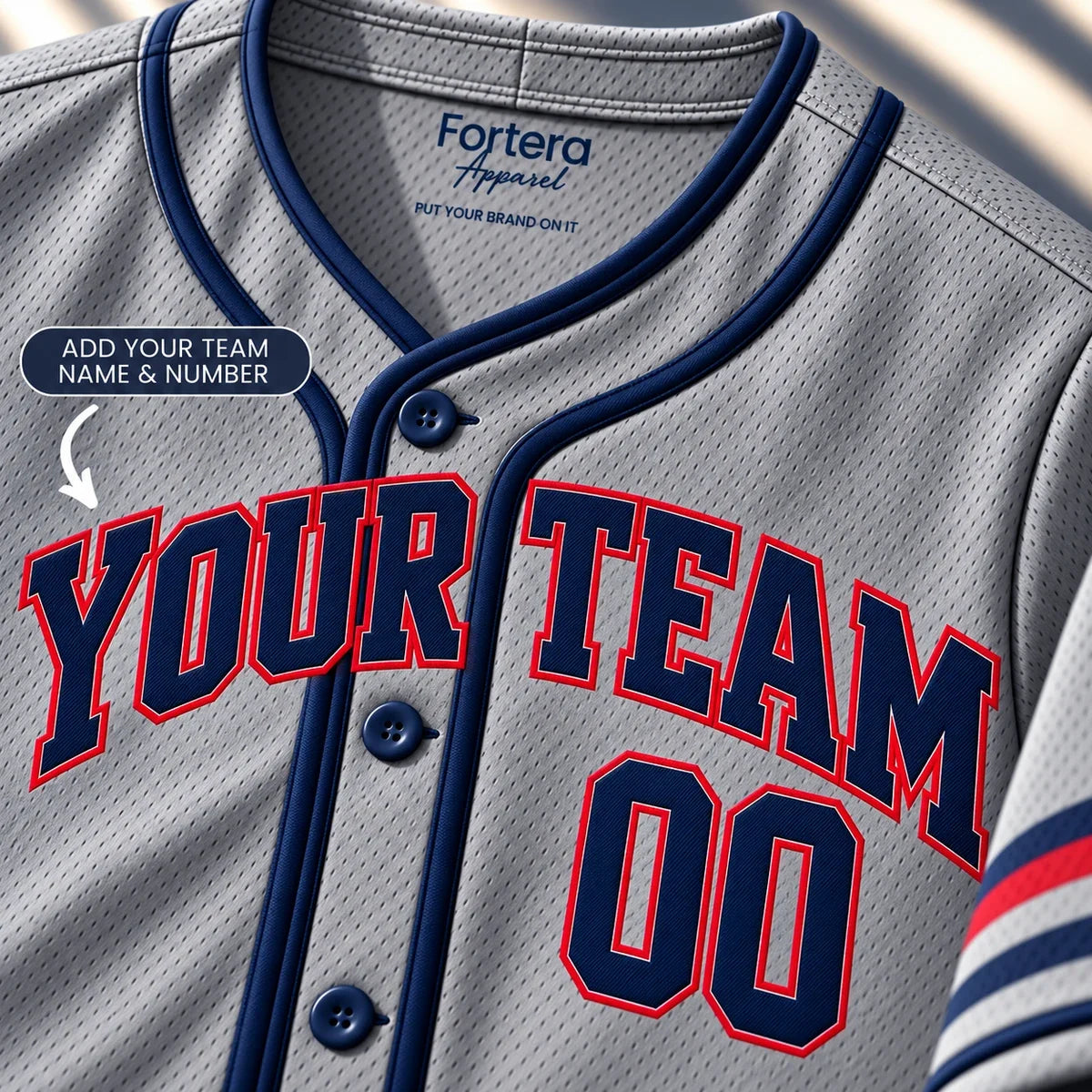 Close-up of the Road Grey gray baseball jersey lettering and piping