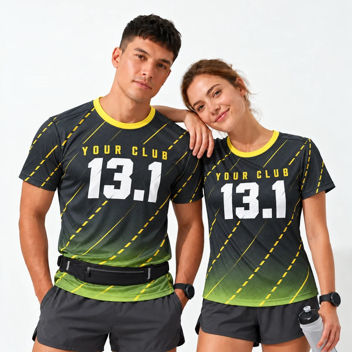 Road Lines Half Marathon Shirt worn by a man and a woman