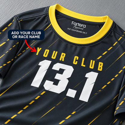 Close-up of the Road Lines Half Marathon Shirt design and neck label