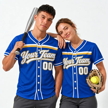 Royal Script custom slowpitch softball jersey worn by a baseball player and a softball player