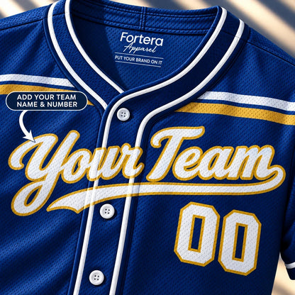Close-up of the Royal Script custom slowpitch softball jersey lettering and piping