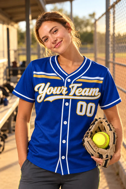 Royal Script custom slowpitch softball jersey on a softball field