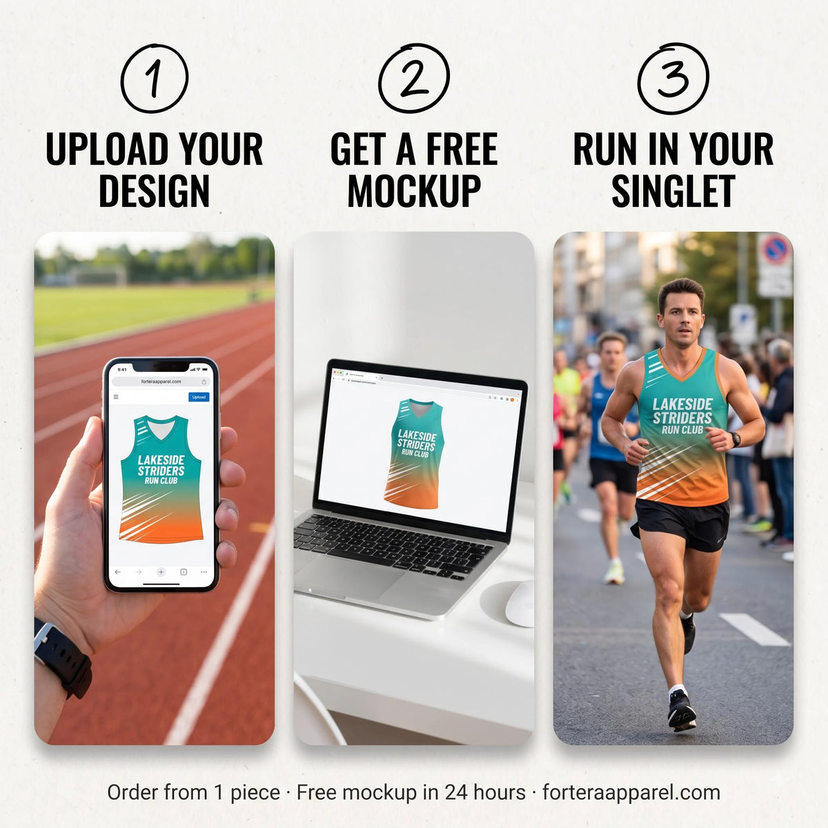 How to order custom running singlets: upload your design, get a free mockup, run in your singlet