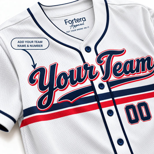 Close-up of the Script Stripe retro baseball jersey lettering and piping
