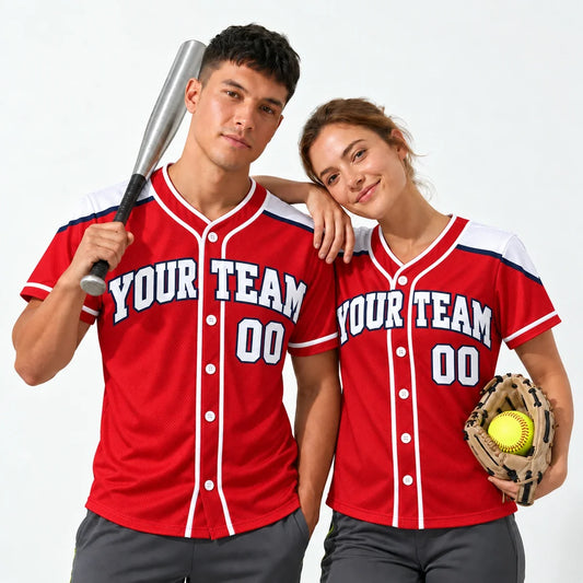 Shoulder Yoke Red softball team shirt worn by a baseball player and a softball player