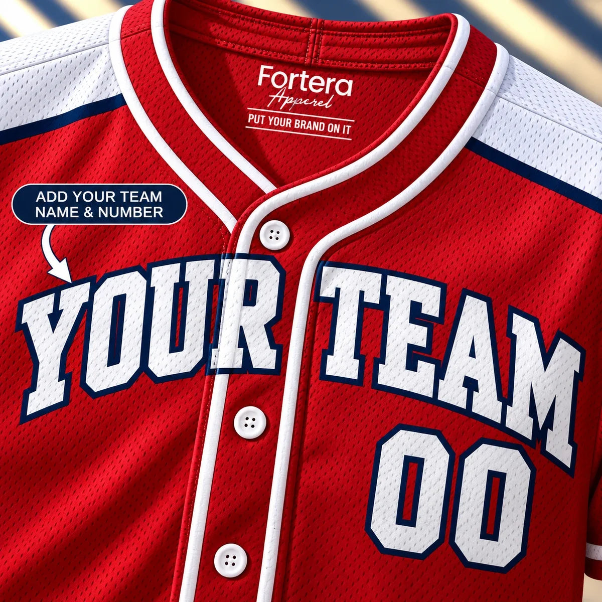 Close-up of the Shoulder Yoke Red softball team shirt lettering and piping